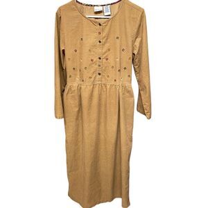 Vtg Bobbie Brooks Corduroy Maxi Dress Tan Cottage core Praire Pockets Sz 12/14